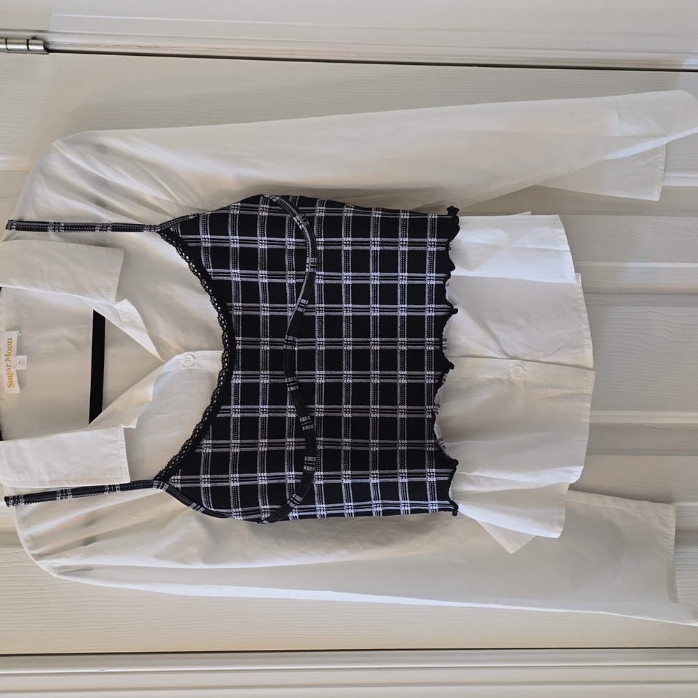 SUGAR MOON WOMEN'S JUNIORS LONG SLEEVES WHITE BUTTON SHIRT & PLAID TANK SIZE XL